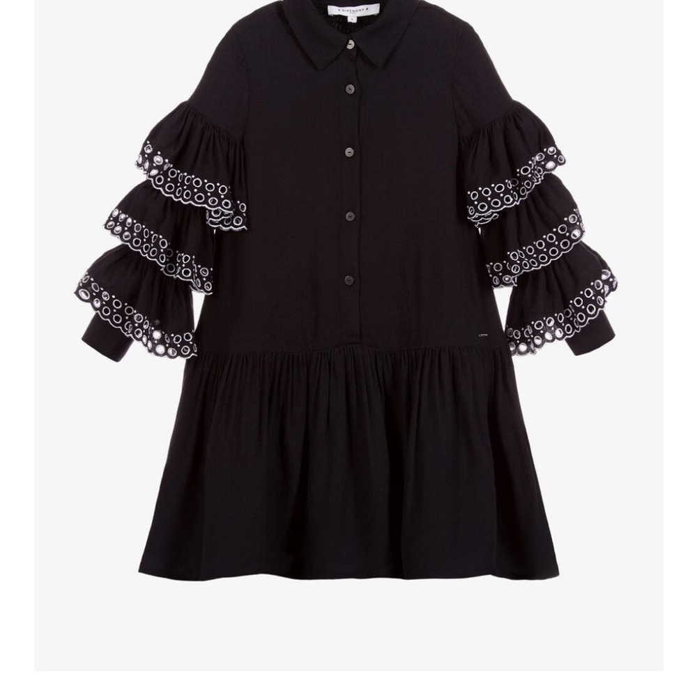 Givenchy Black Bell Sleeve Dress with Tiered Ruffles. 4y NWT original $750